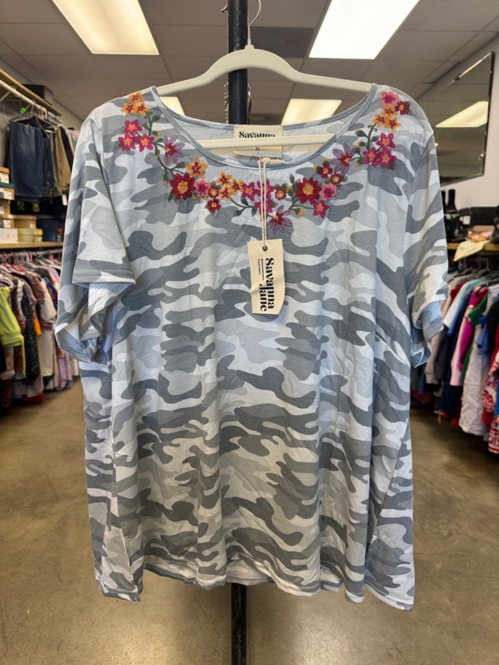 Savanna Jane Light Blue Camo Tee with Floral Embroidery